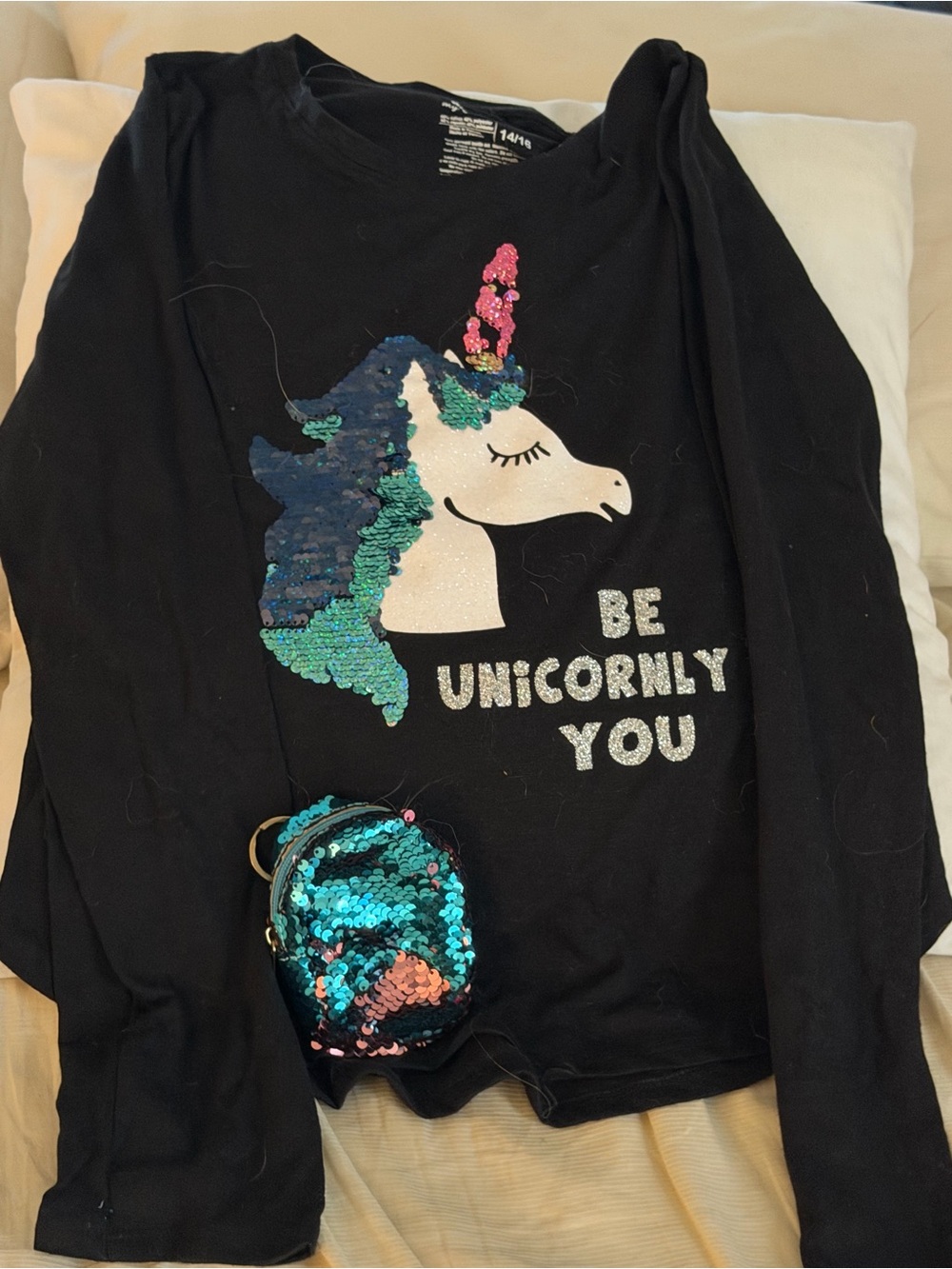 Girls Black Unicorn Sequin Long Sleeve Top  with Coin Pocket Purse